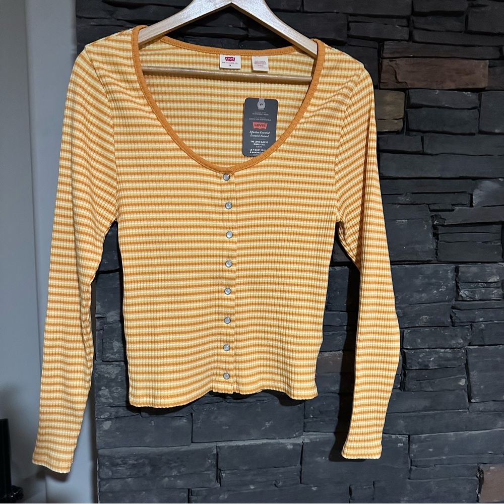New LEVIS Women’s striped thick cotton blend scoop neck snap up crop top SZ 1X